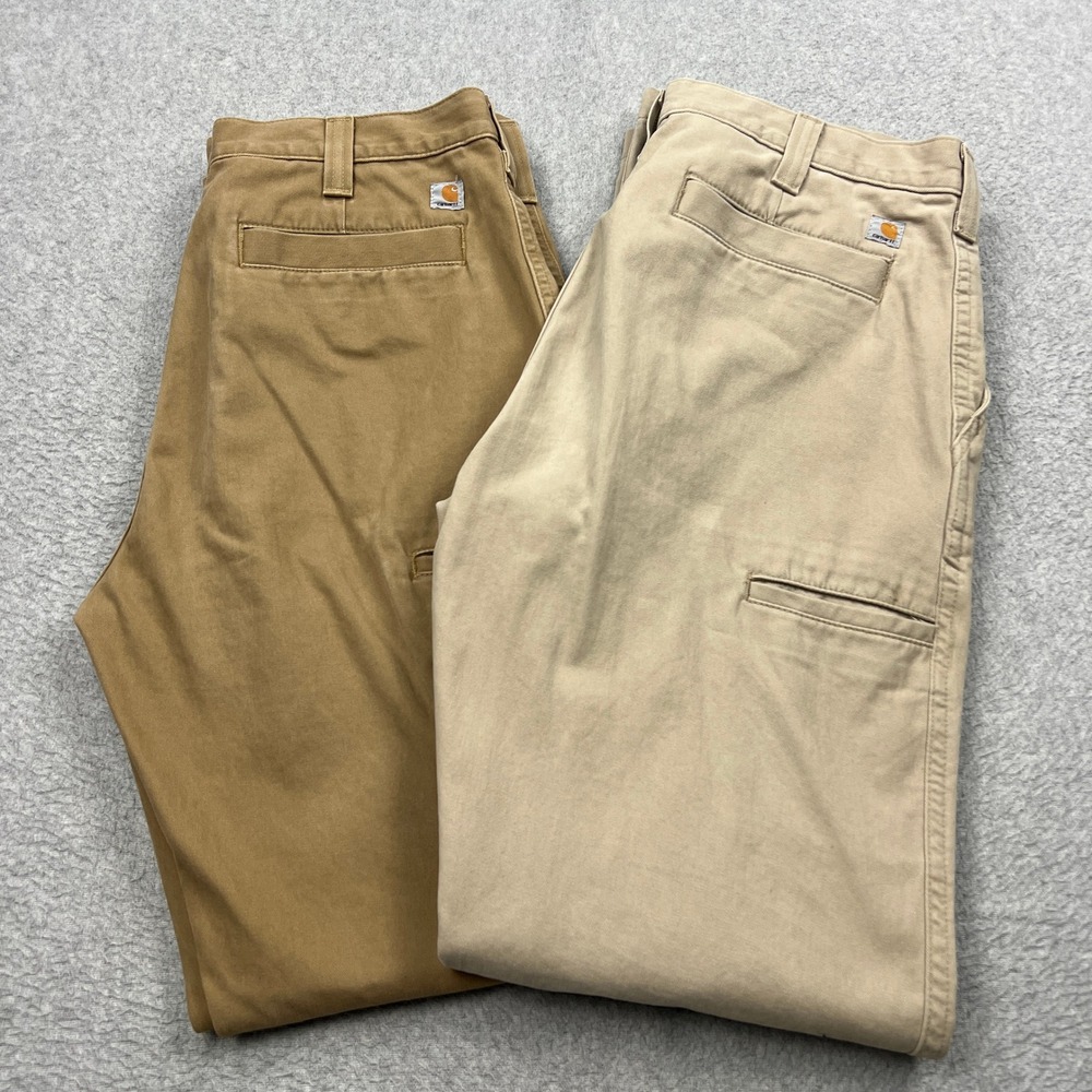 Lot of 2 Carhartt Pants Mens 34x34 Brown/Tan Twill Relaxed Fit Canvas Workwear